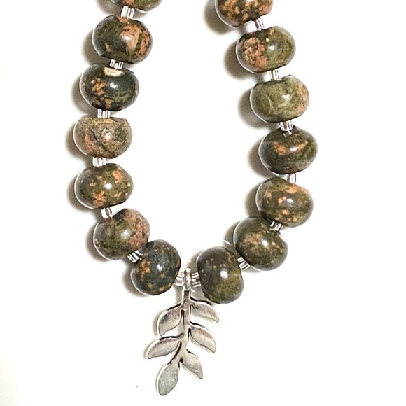 Cute Unakite Stone Silver Leaf Branch Necklace, Genuine Gemstone Beaded Necklace - Picture 6 of 9